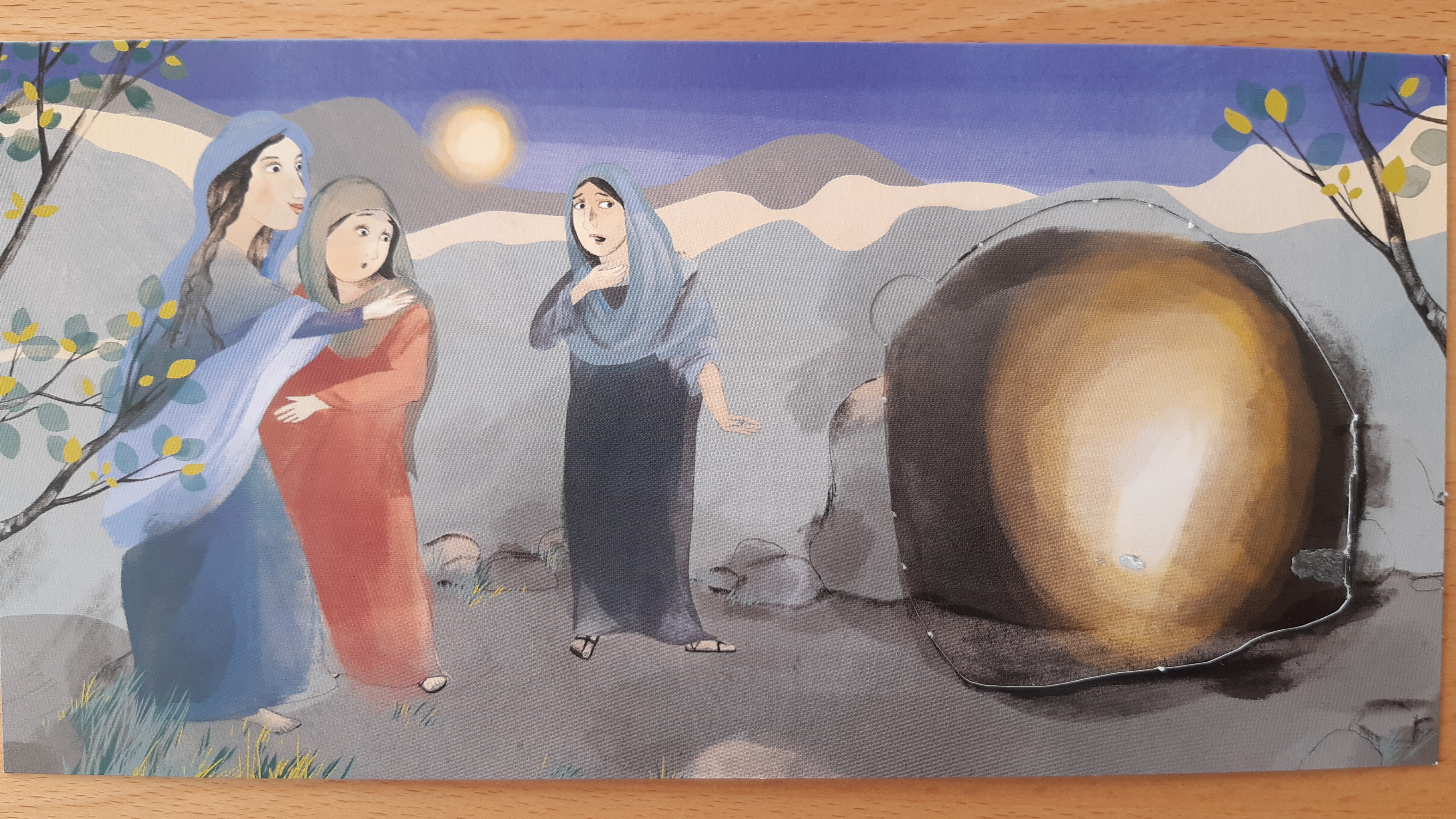 Drei Frauen vor dem nicht mehr verschlossenen Grab. Eine detailierte Bildbeschreibung folgt in der Predigt.