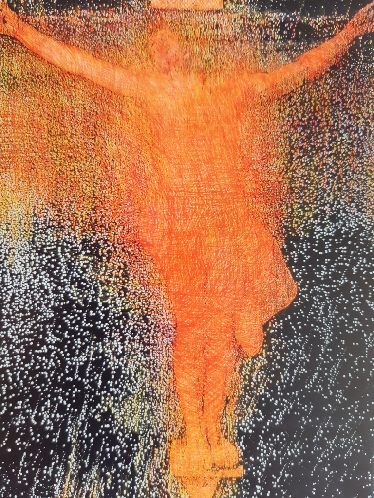 Gemälde: Gekreuzigter Jesus, einfarbig in Orange auf schwarzem Hintergrund.