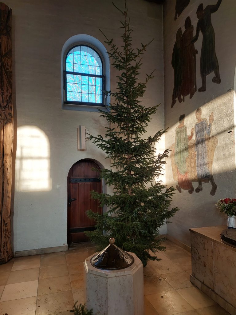 Der Christbaum wurde gerade in der Kirche aufgestellt. Jetzt muss er nur noch geschmückt werden.