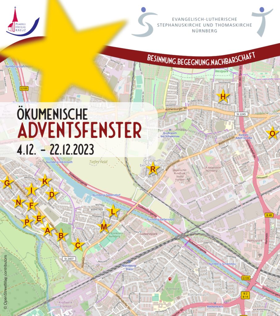 Karte mit Veranstaltungsorten der Adventsfenster 2023 in Nürnberg Gebersdorf und Großreuth der Thomas- und Stephanuskirche