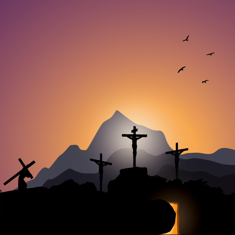 Symbolbild Ostern - Jesus trägt das Kreuz, Kreuzigungsgruppe mit geöffnetem Grab über dem die Sonne aufgeht.